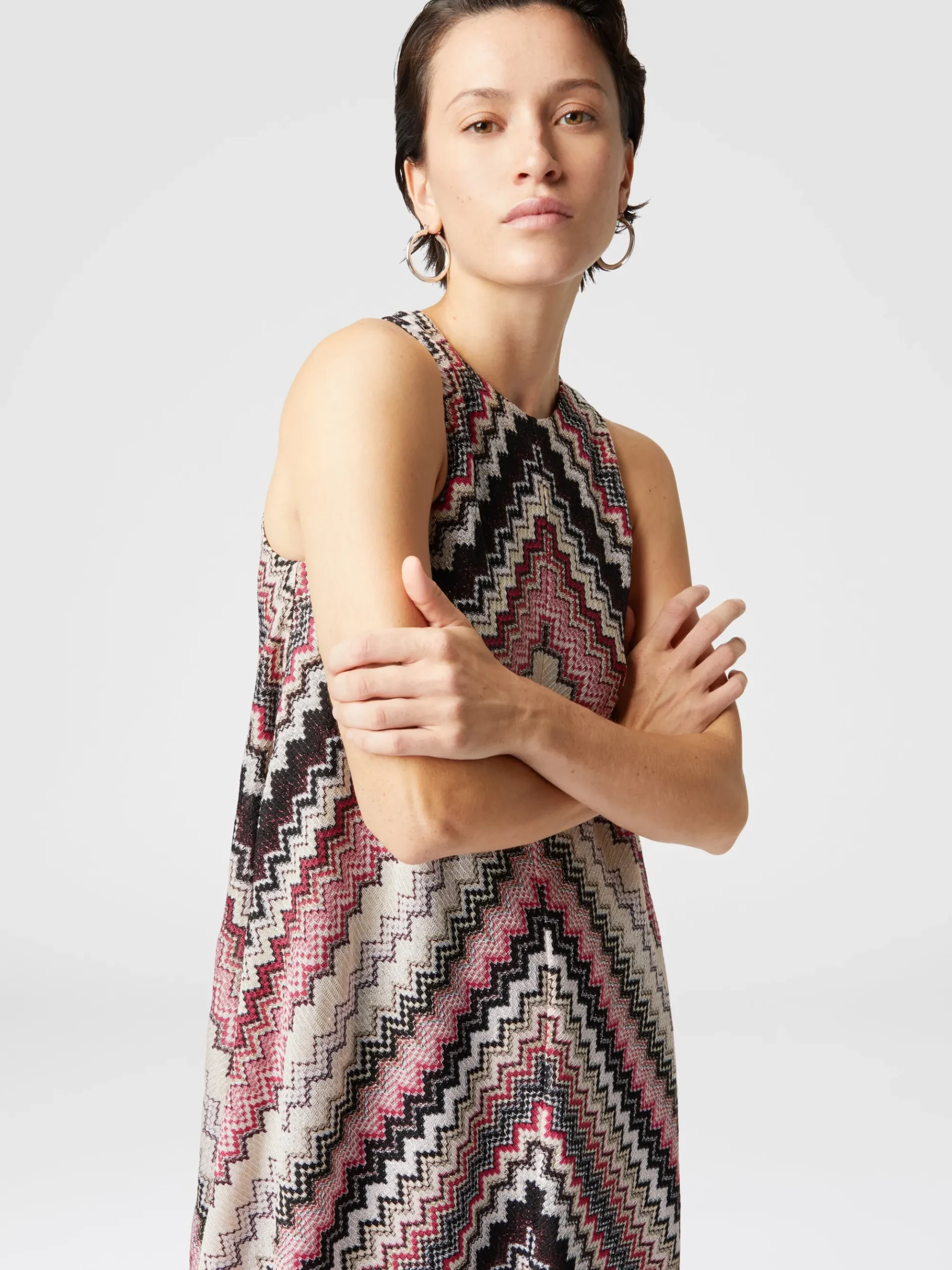A-line mini-dress with lamé serrated zigzag pattern