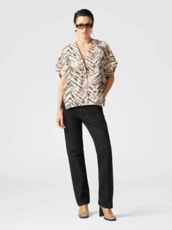 Animal print zig zag cotton poplin blouse