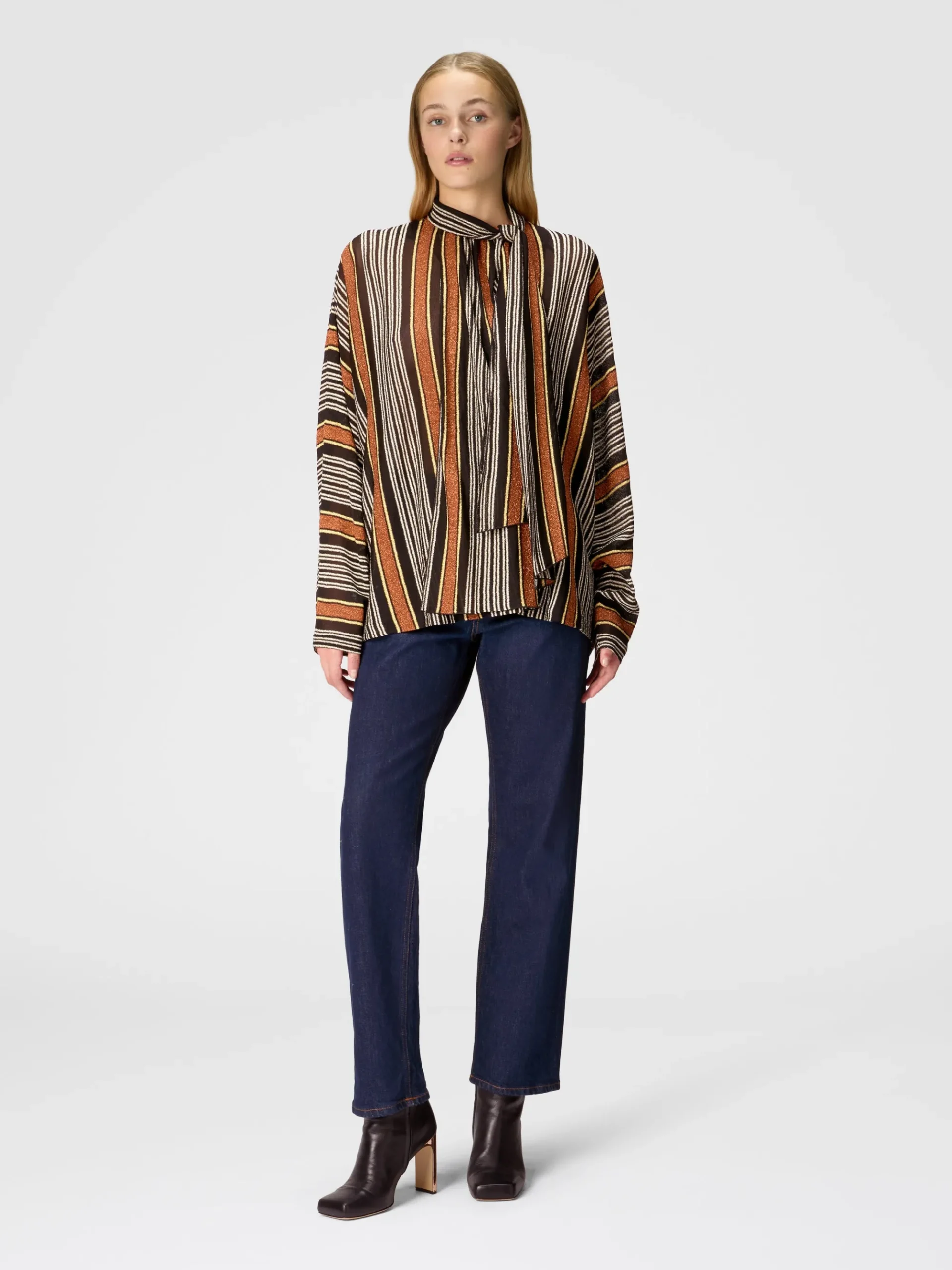 Blouse with scarf collar in lamé striped viscose