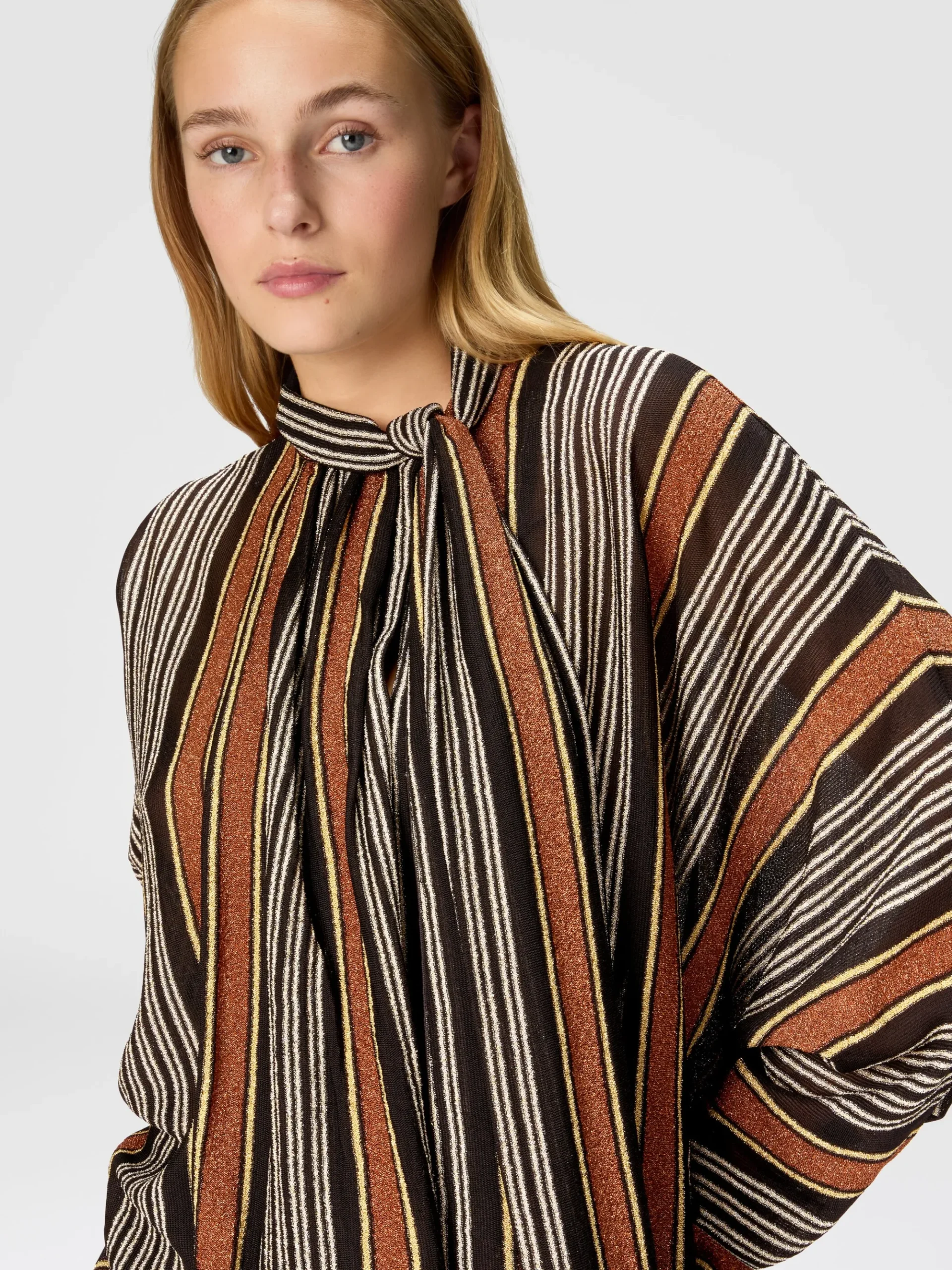 Blouse with scarf collar in lamé striped viscose