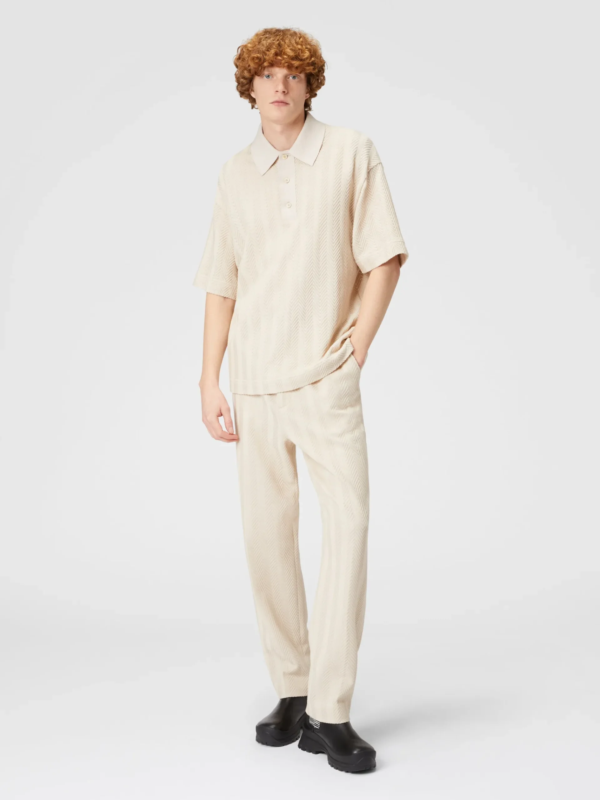 Boxy-fit knit polo shirt with tone-on-tone chevron