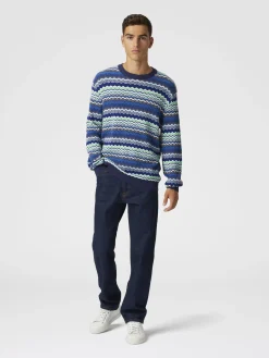 Cotton crew-neck pullover with micro zigzag and contrasting piping