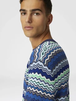 Cotton crew-neck pullover with micro zigzag and contrasting piping