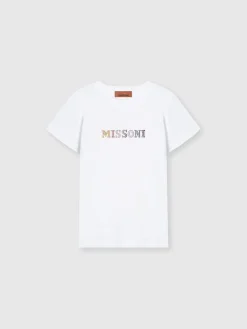 Cotton crewneck T-shirt with rhinestone lettering