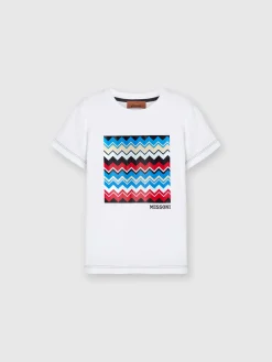 Cotton crewneck T-shirt with zigzag print and contrasting stitching