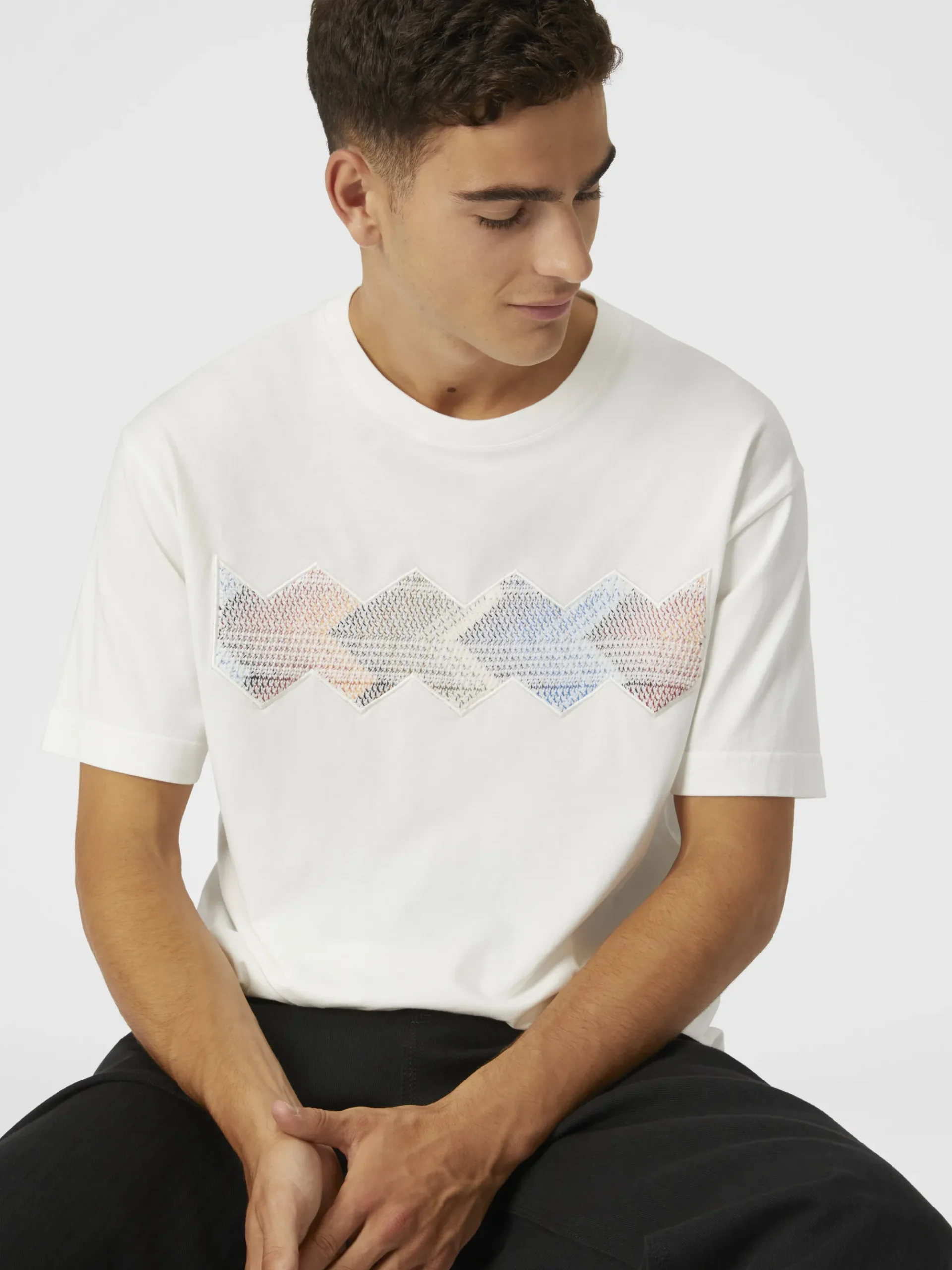Cotton crewneck T-shirt with gradient zig zag insert