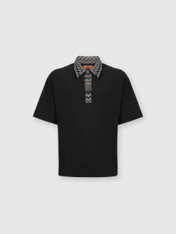 Cotton jersey polo shirt with chevron knit inserts