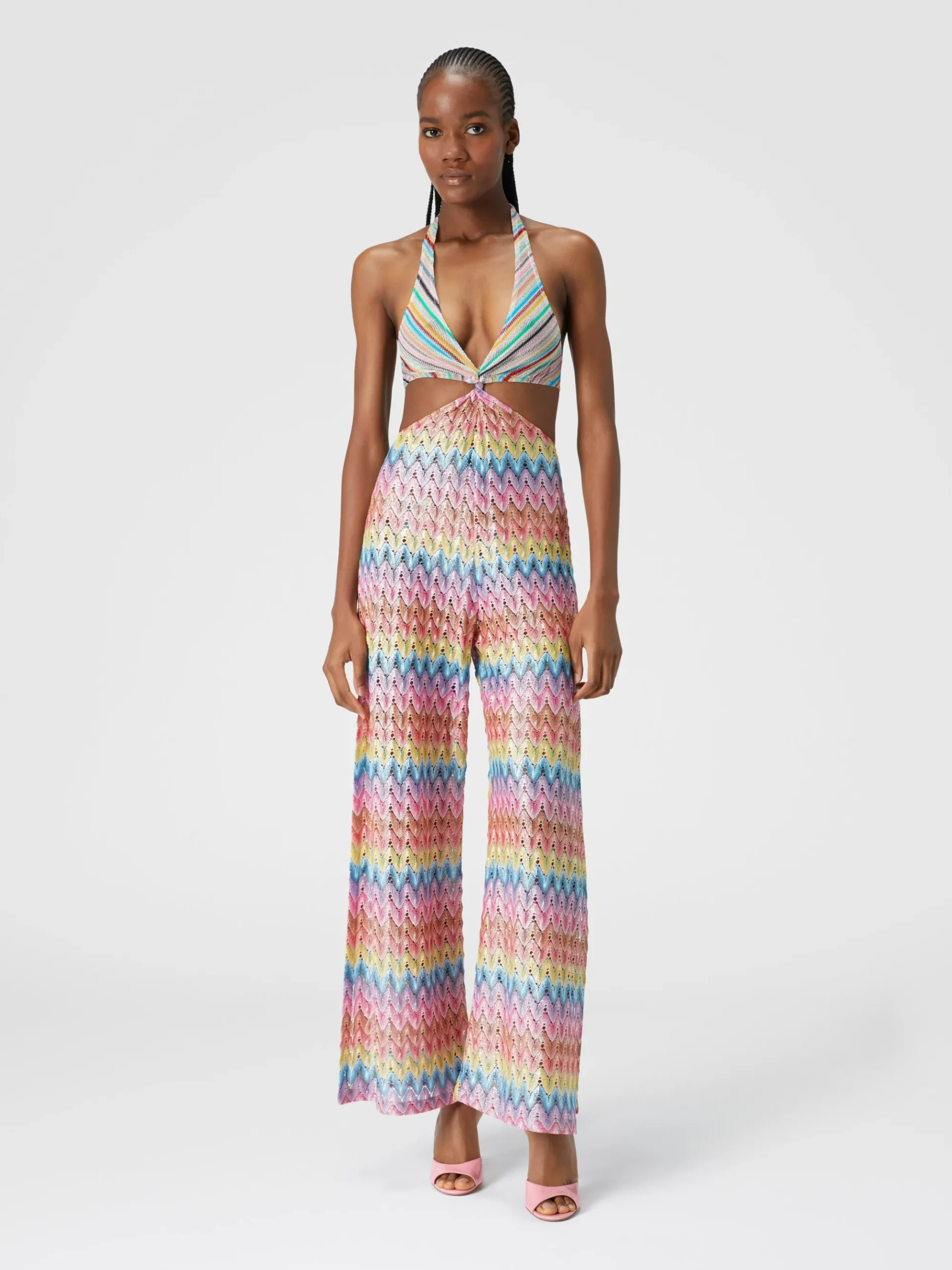 Cotton-blend patchwork jumpsuit with cut-out details