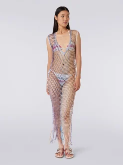 Cover up in metal-effect mesh with fringes