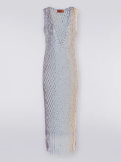Cover up in metal-effect mesh with fringes