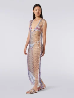 Cover up in metal-effect mesh with fringes