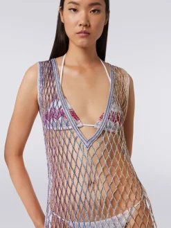 Cover up in metal-effect mesh with fringes