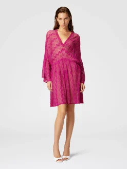 Cover-up dress in zig zag lamé viscose with wide sleeves