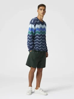 Crew-neck pullover with macro zigzag and mélange details