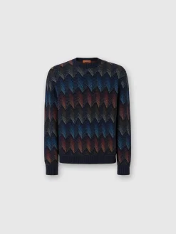 Crewneck sweater in gradient cotton chevron blend with contrasting piping