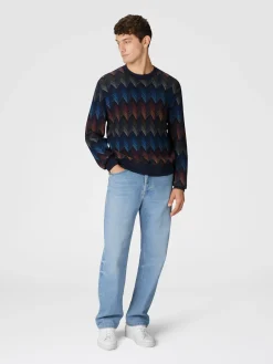 Crewneck sweater in gradient cotton chevron blend with contrasting piping