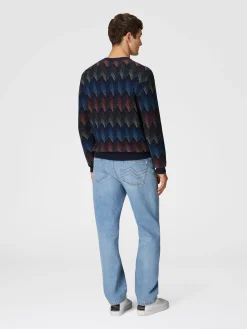 Crewneck sweater in gradient cotton chevron blend with contrasting piping