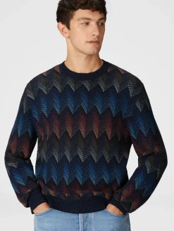 Crewneck sweater in gradient cotton chevron blend with contrasting piping