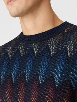 Crewneck sweater in gradient cotton chevron blend with contrasting piping