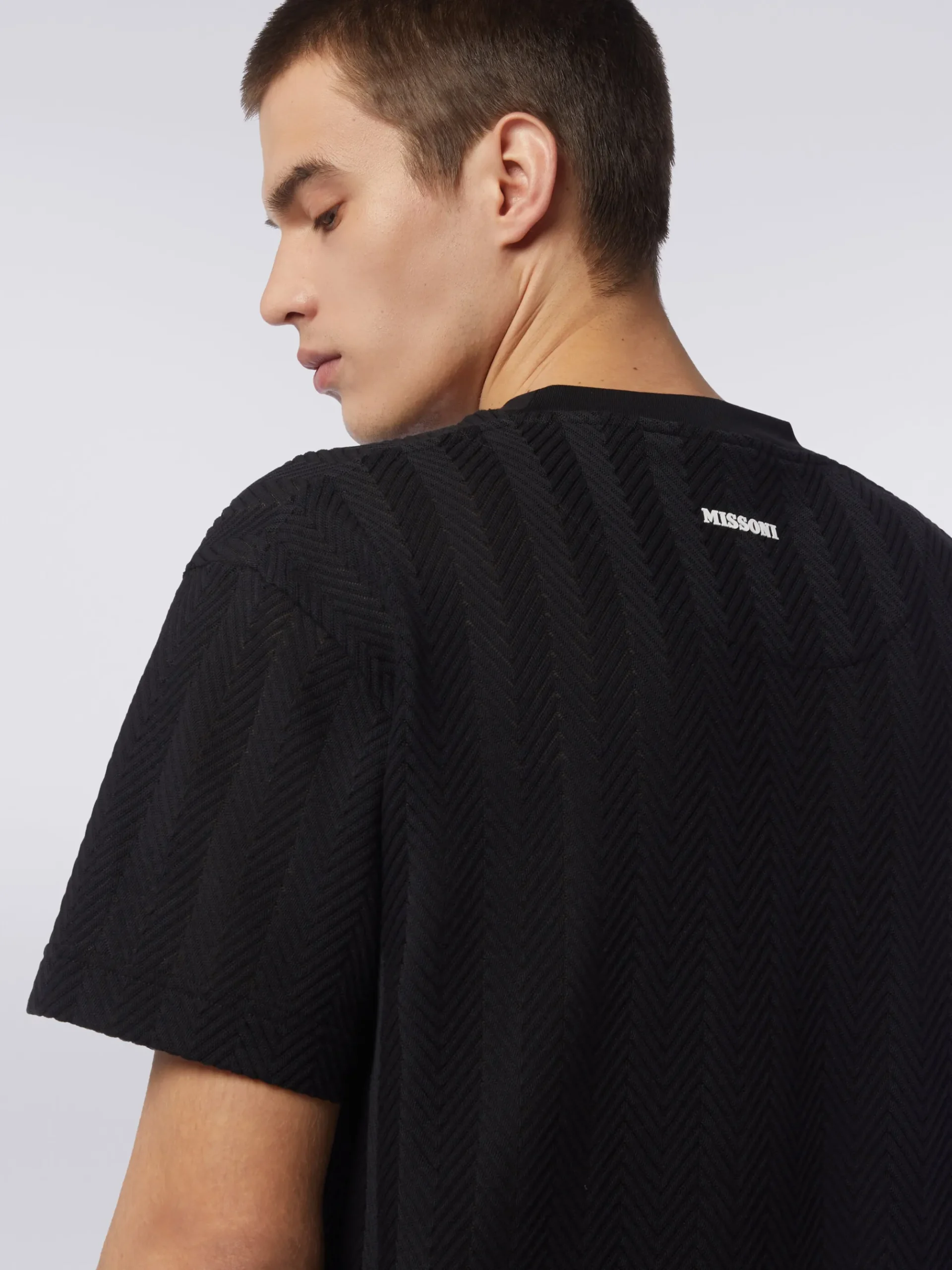 Crew-neck T-shirt in chevron viscose and cotton