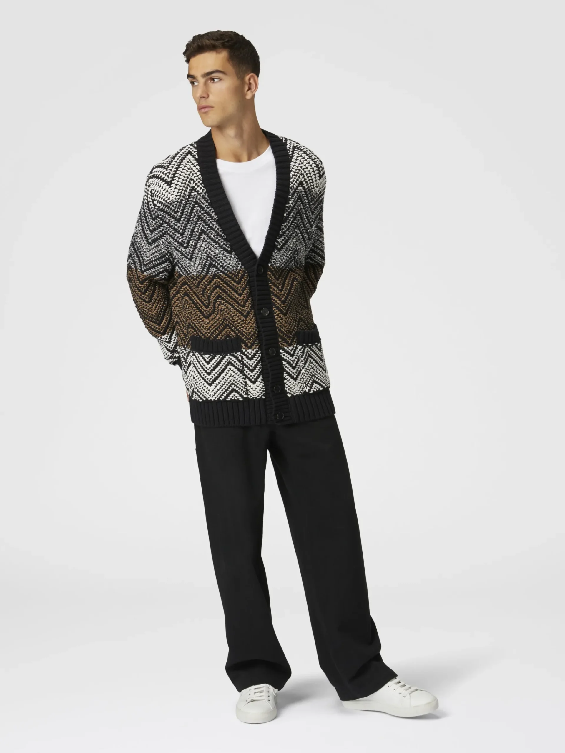 Crochet knit cardigan with macro zigzag and pockets