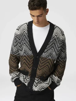 Crochet knit cardigan with macro zigzag and pockets