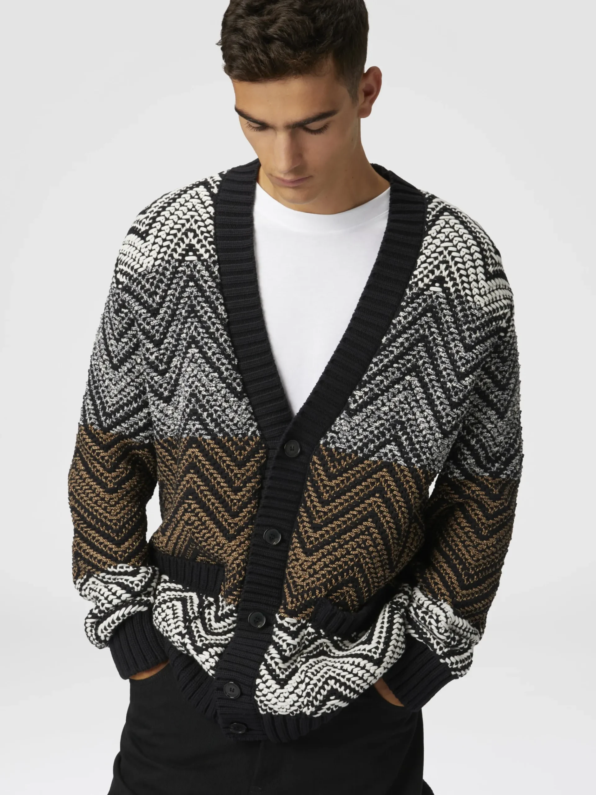 Crochet knit cardigan with macro zigzag and pockets