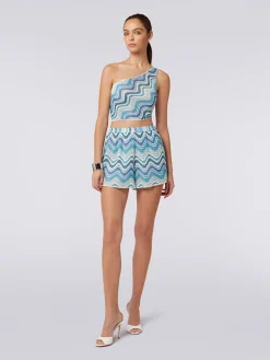 Crochet one-shoulder top with lurex