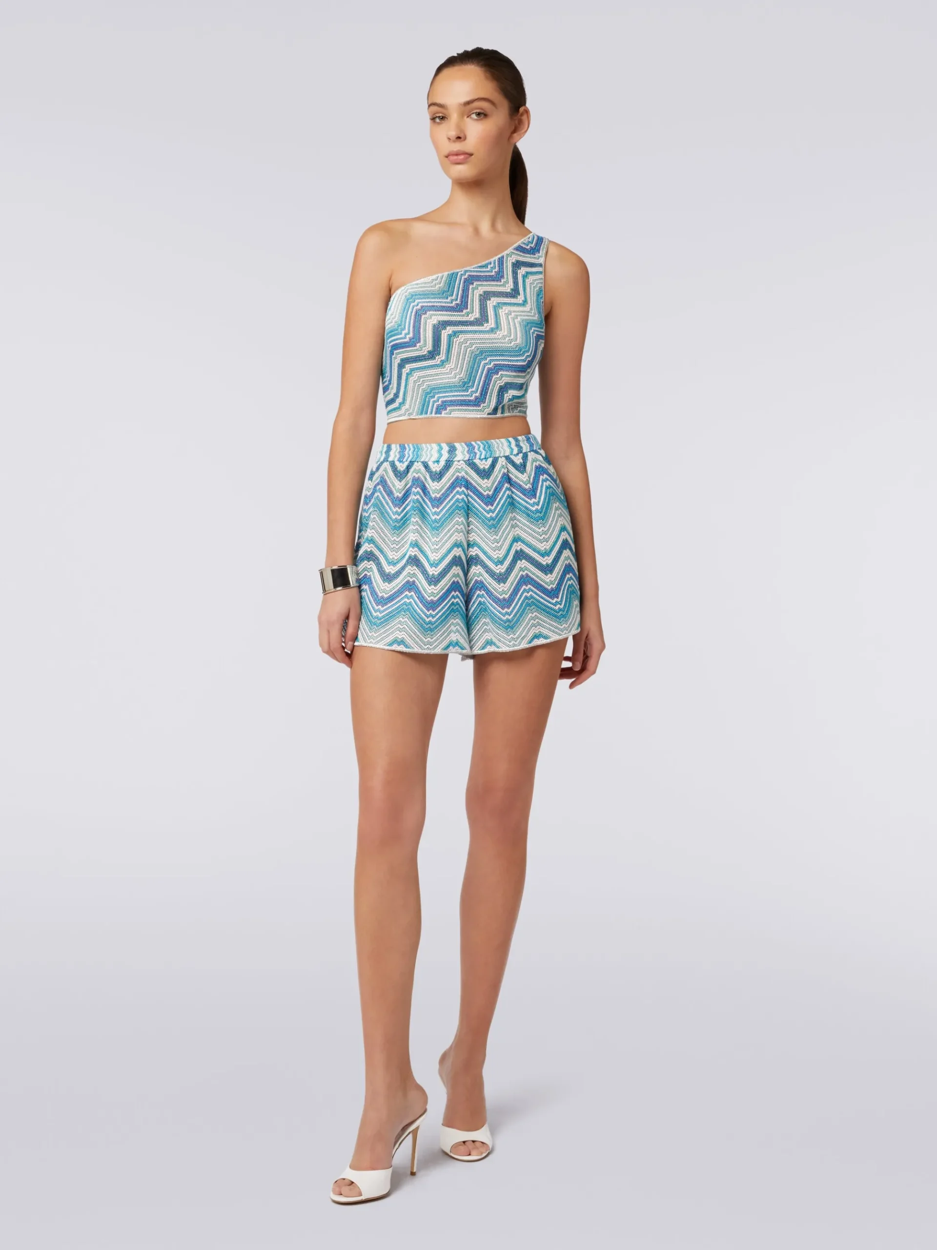 Crochet one-shoulder top with lurex
