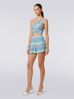 Crochet one-shoulder top with lurex