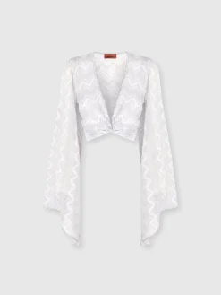 Crop top with wide sleeves and front knot in zig zag lamé viscose