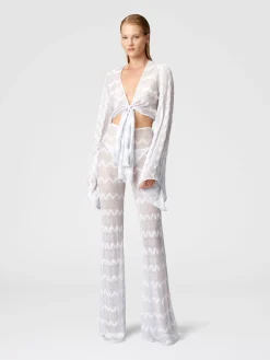 Crop top with wide sleeves and front knot in zig zag lamé viscose