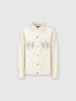 Denim jacket with chevron knit inserts