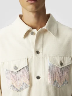 Denim jacket with chevron knit inserts