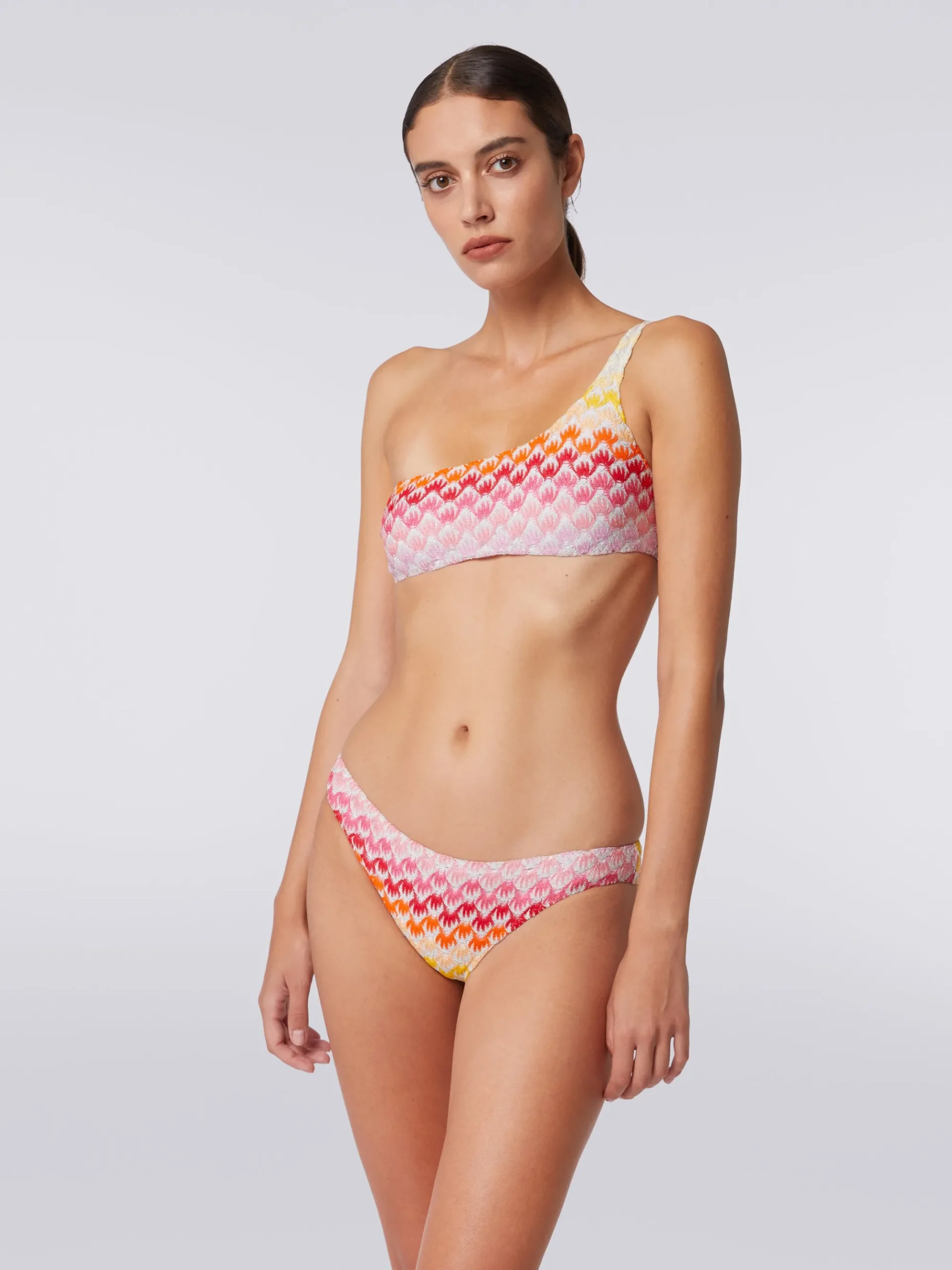 Dégradé lace-effect one-shoulder bikini with lurex