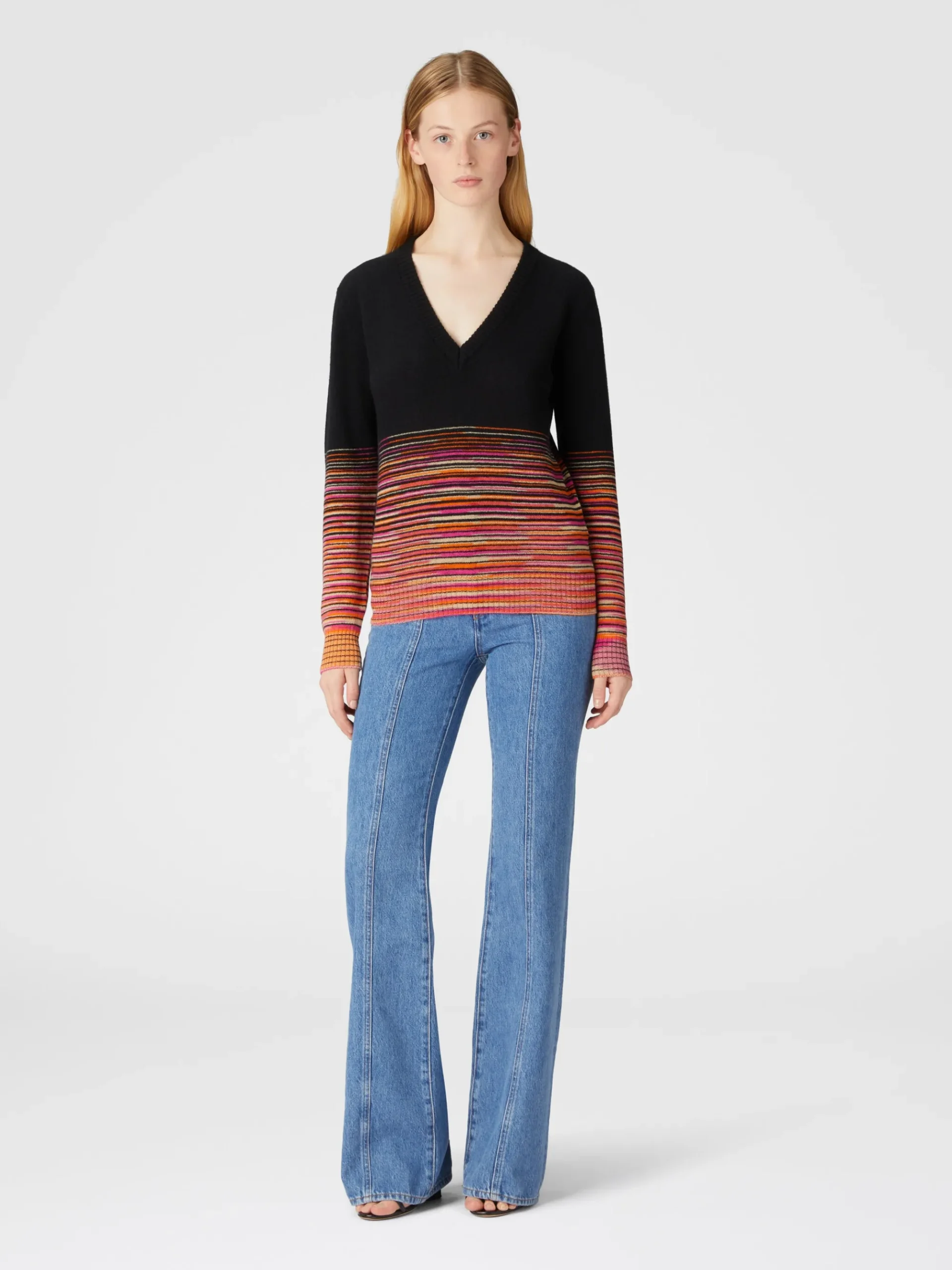 Dégradé slub cashmere sweater with V-neck