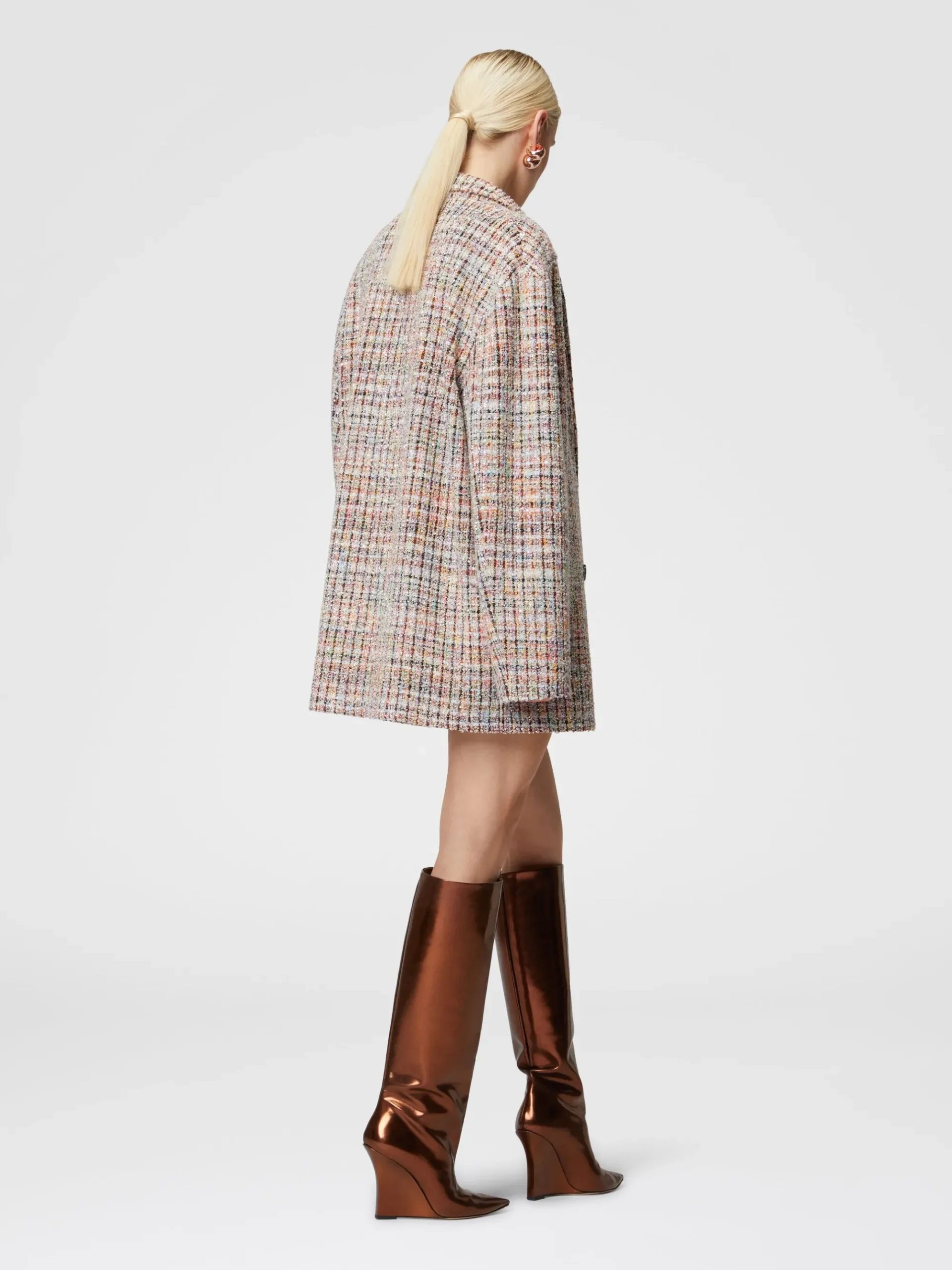 Double-breasted bouclé checkered blazer with sequins