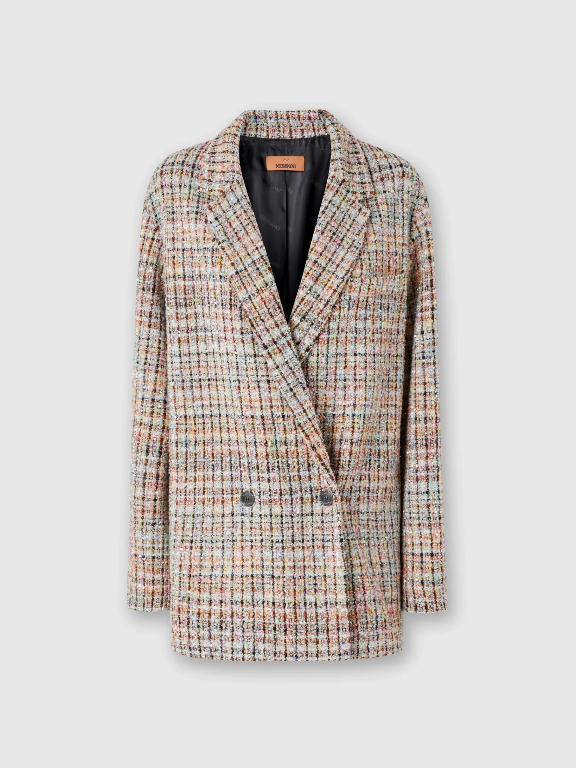 Double-breasted bouclé checkered blazer with sequins