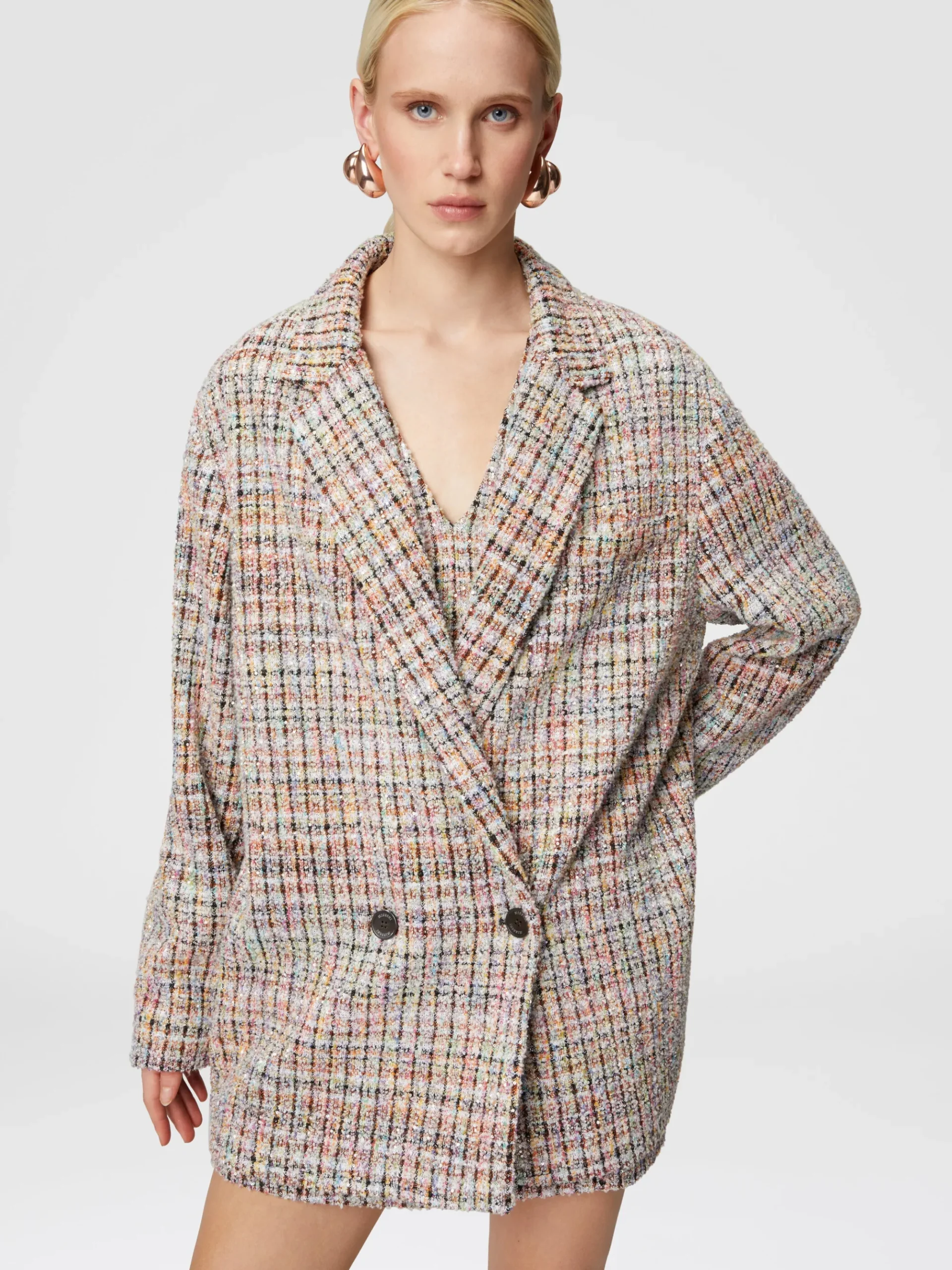 Double-breasted bouclé checkered blazer with sequins