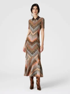 Flared lamé midi skirt with patchwork effect