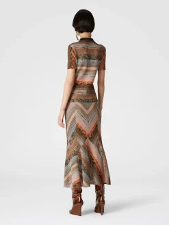 Flared lamé midi skirt with patchwork effect