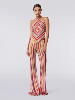 Flared trousers in striped crochet