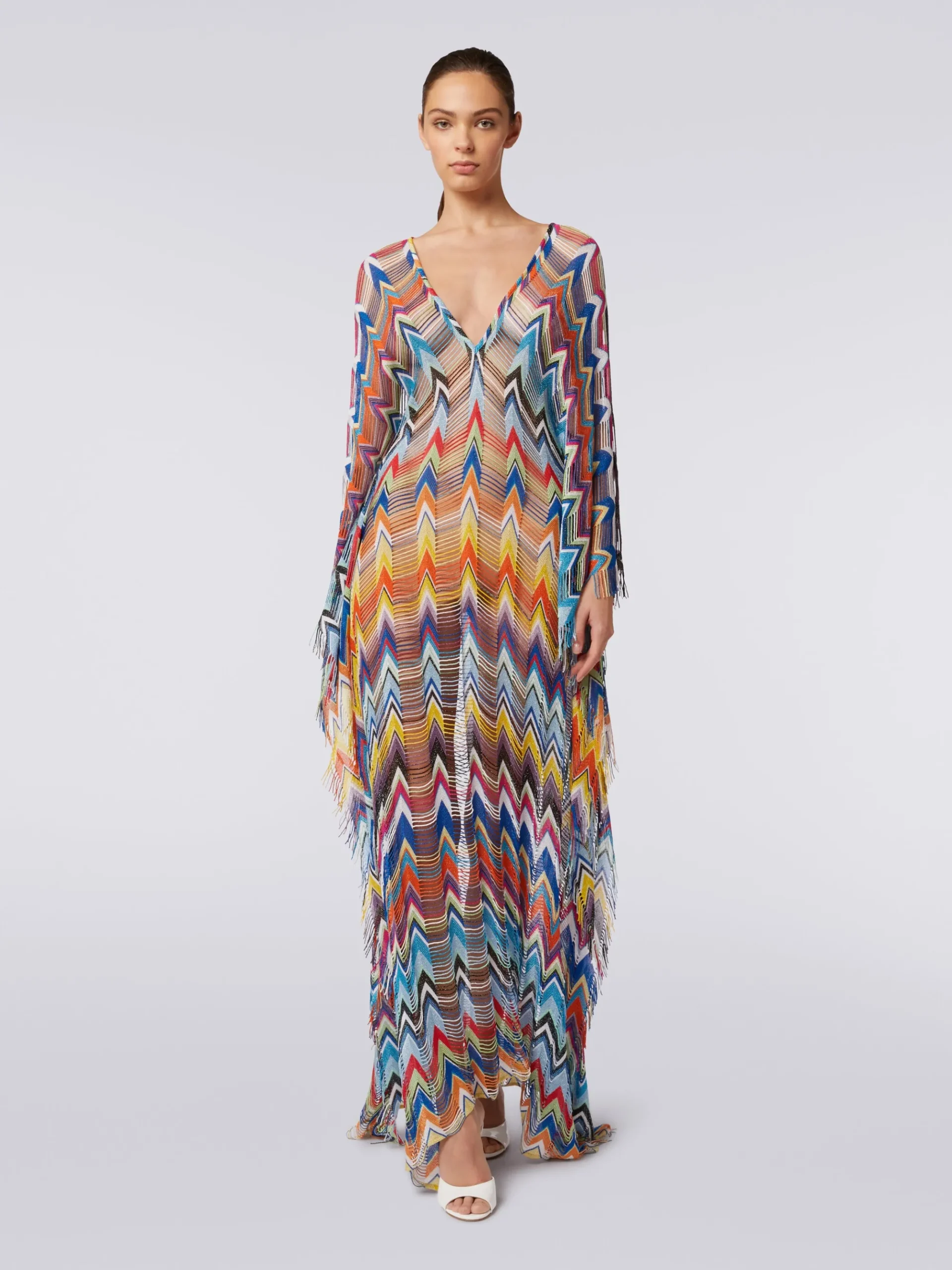 Fringed long cover-up kaftan with lurex