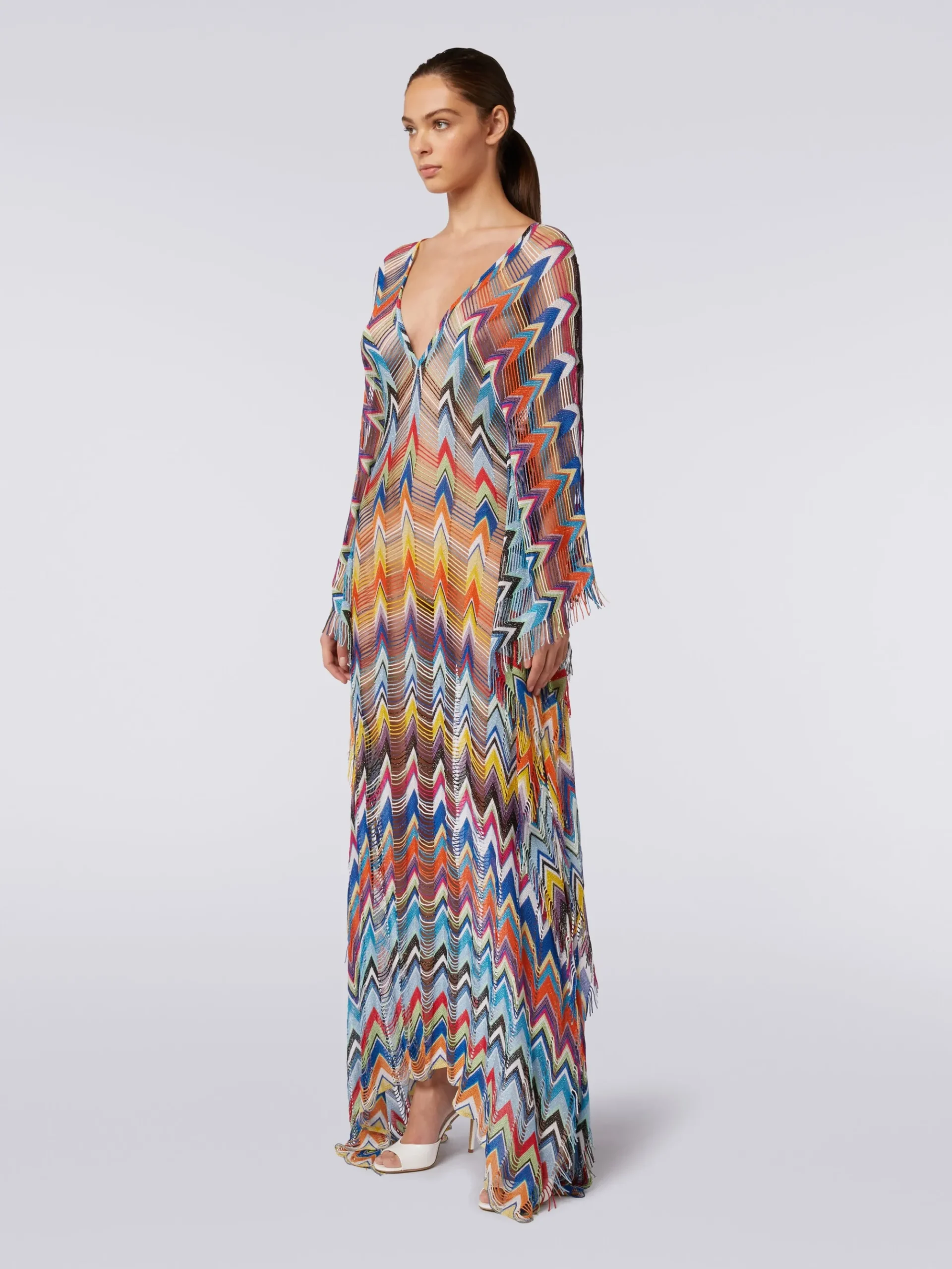 Fringed long cover-up kaftan with lurex