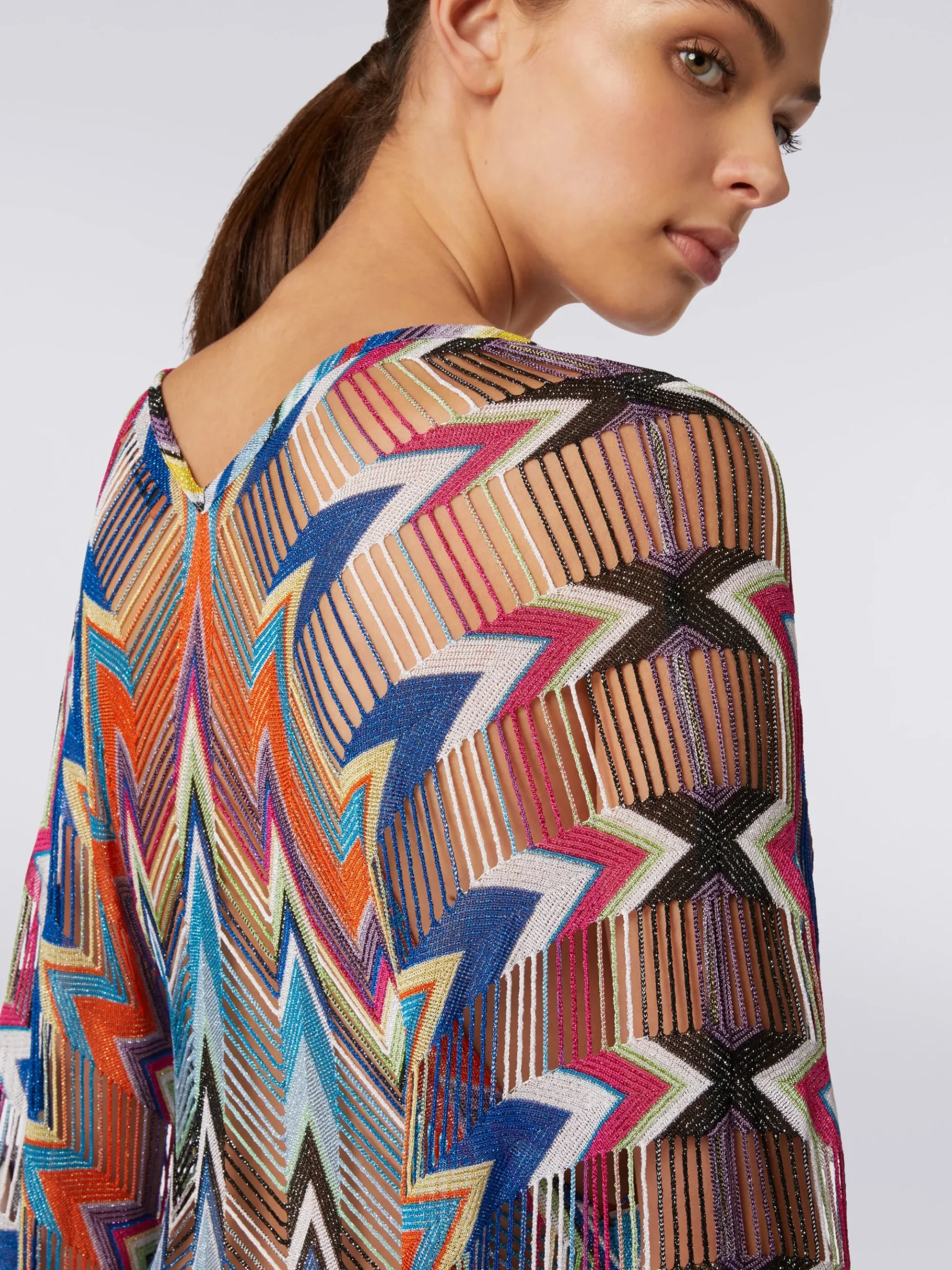 Fringed long cover-up kaftan with lurex