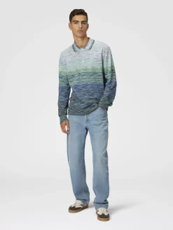 Gradient slub cotton piqué polo shirt with long sleeves