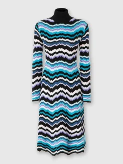 High-necked midi dress with Greek zigzag motif