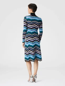 High-necked midi dress with Greek zigzag motif