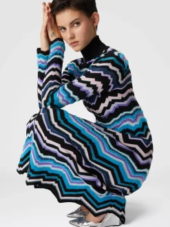 High-necked midi dress with Greek zigzag motif