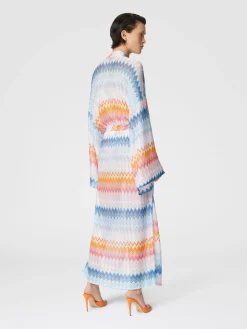 Kimono cover-up in zigzag lamé viscose blend with belt at the waist